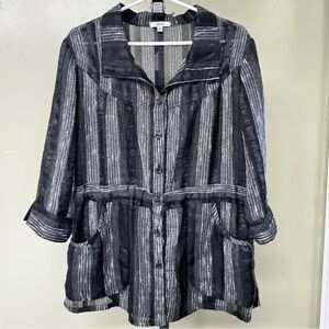 Flair Black Silver Striped Women's Button Down Sheer Blouse Shirt Tie Back Sz L